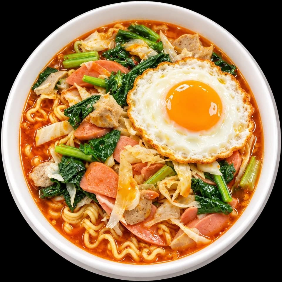 Semangkuk Mie Jengkang: mie kuah pedas dengan telur ceplok, sosis, bakso, sawi, dan kol